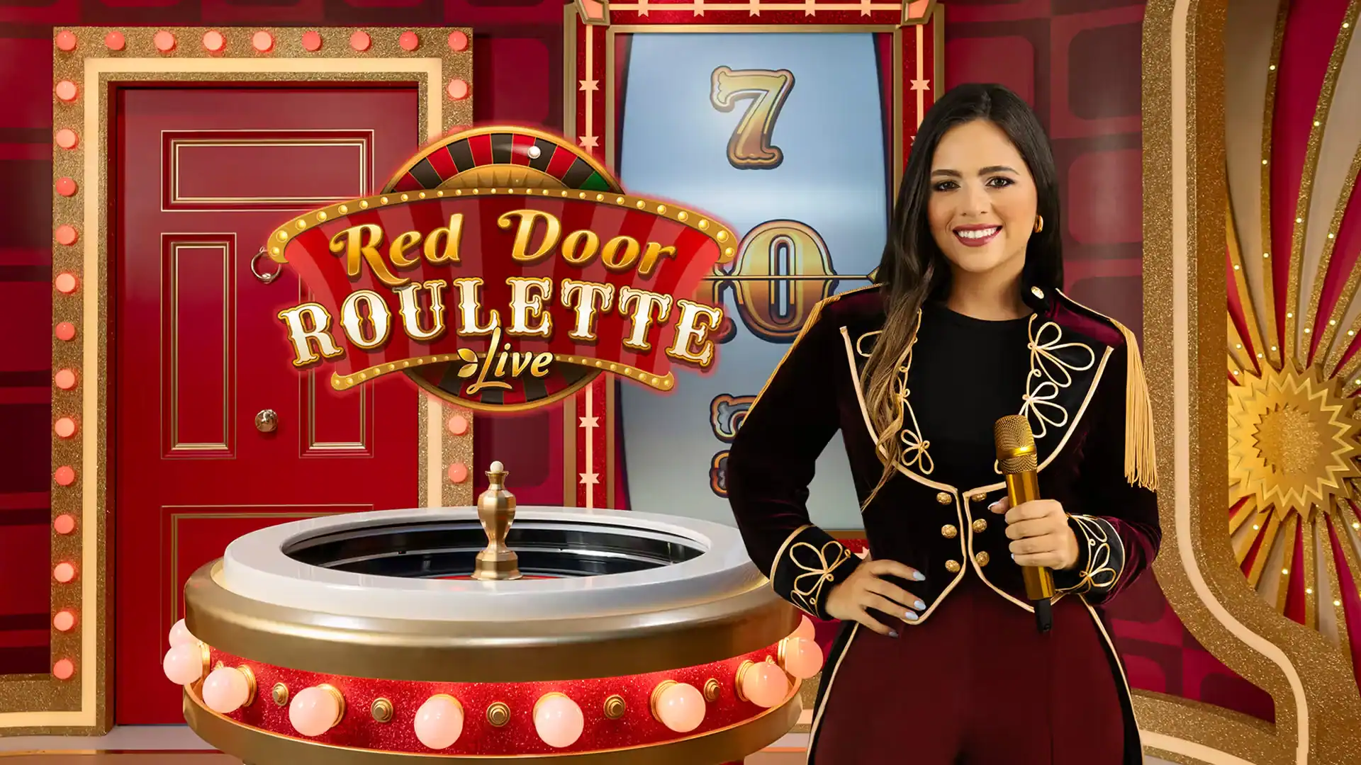 Presentadora en estudio Red Door Roulette Live junto a ruleta
